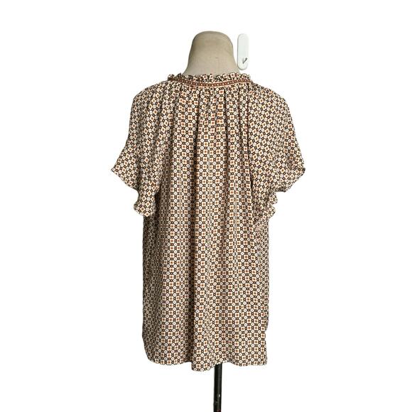 Max Studio pink yellow print short ruffle sleeves blouse size XL - Picture 2 of 11